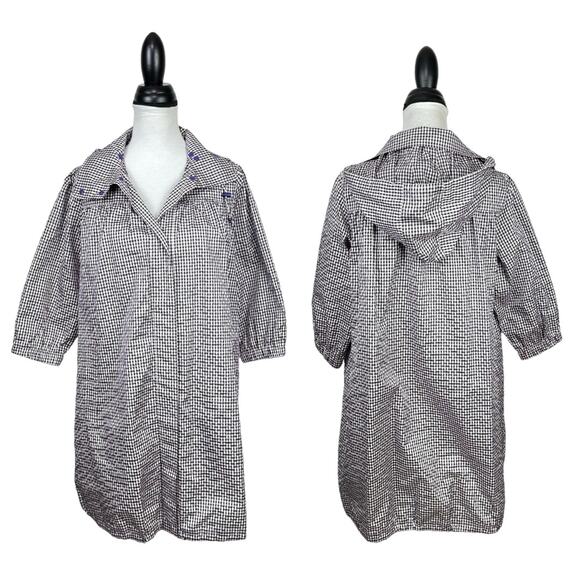 Riccini Purple White Gingham Hooded Snap Front Long Windbreaker Rain Jacket - Picture 1 of 9